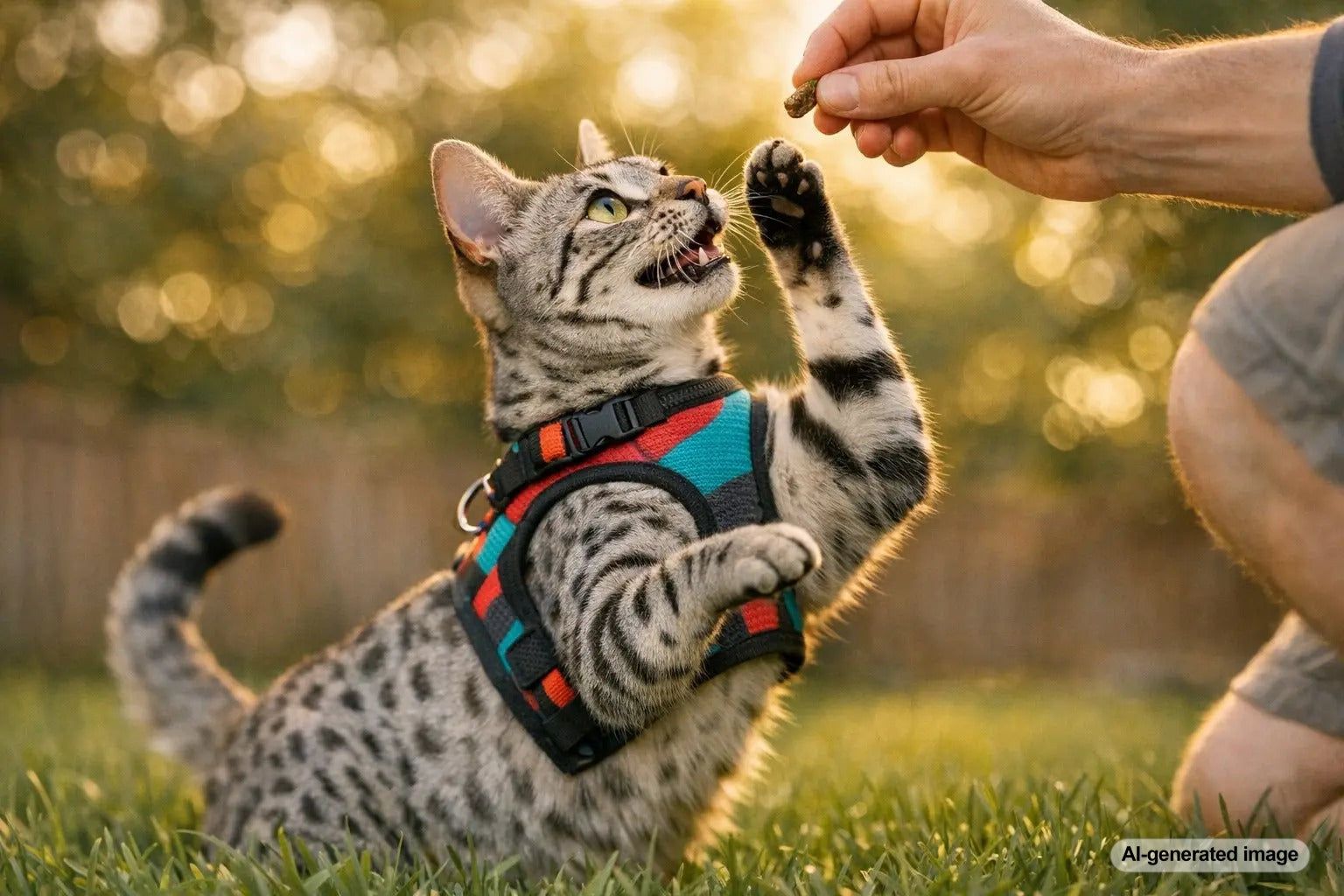 Savannah cat wearing a harness while receiving quick-reward treats during leash training