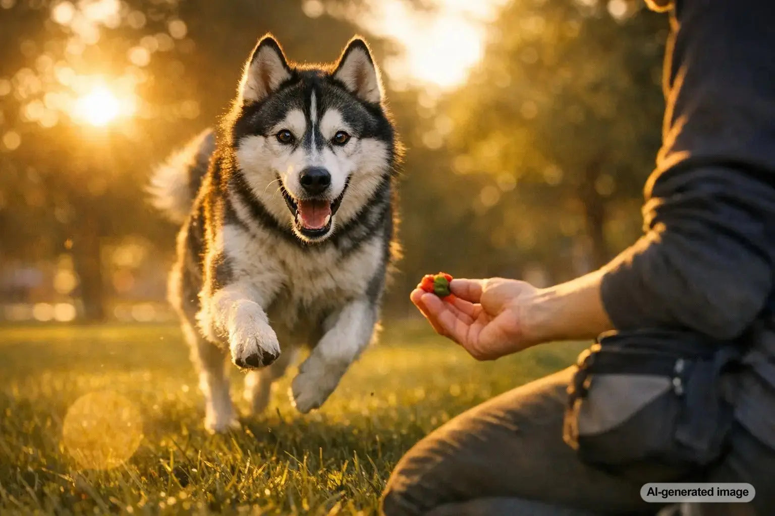 Siberian Husky practicing recall training outdoors using high reward treats
