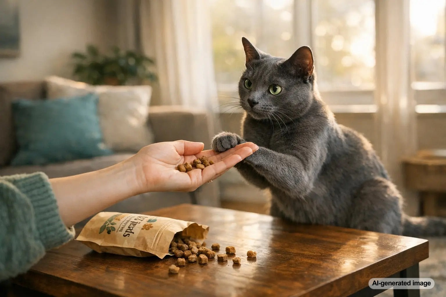 Gray cat learning with treats by placing a paw on a person's hand during a training session