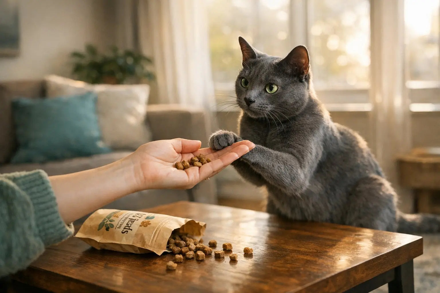 Gray cat learning with treats by placing a paw on a person's hand during a training session