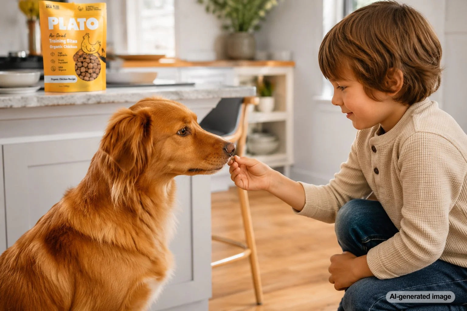 Child safely giving a dog a treat during a supervised family training moment
