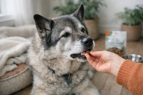 Senior dog training session using soft treats for gentle rewards