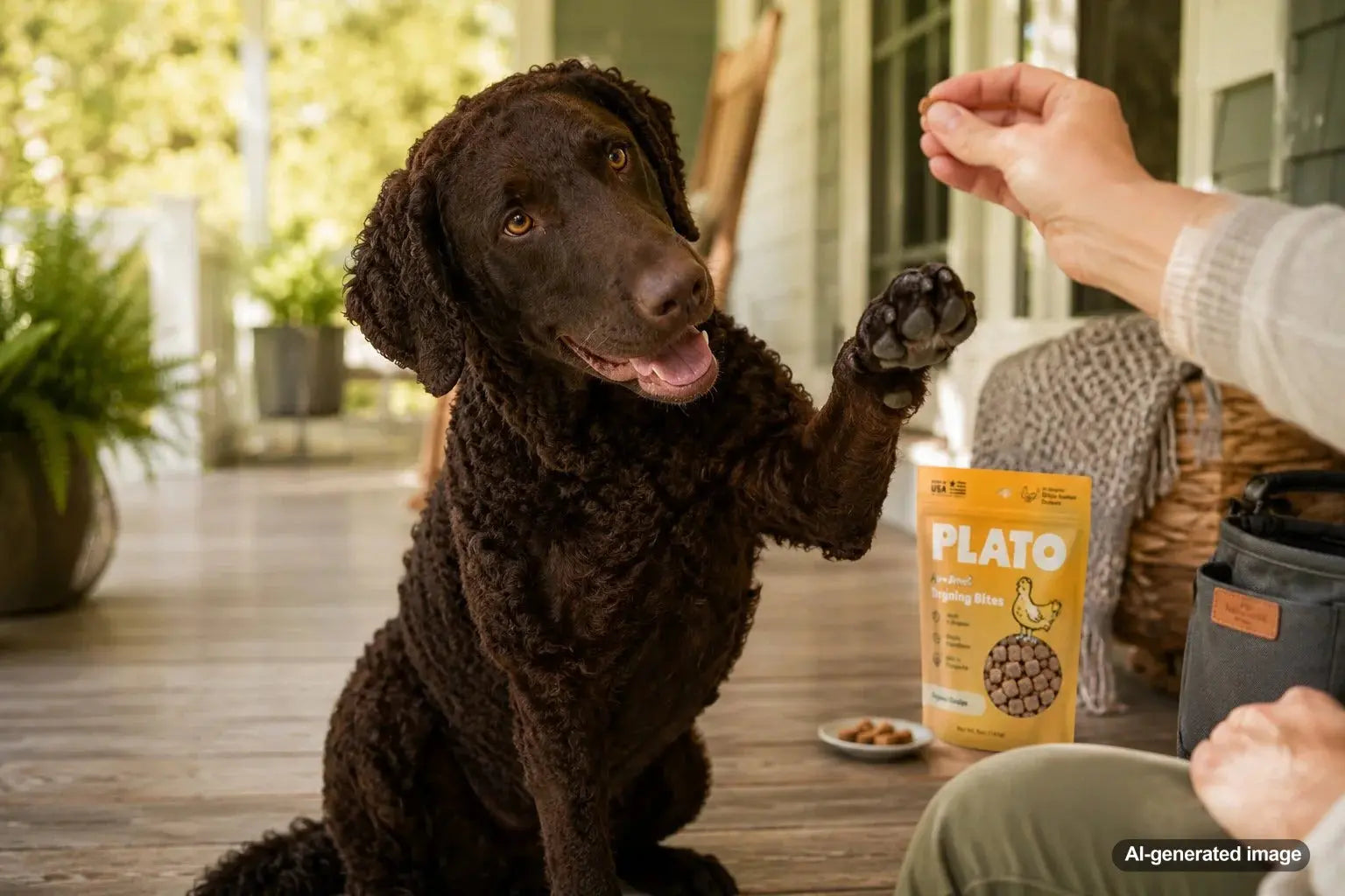 Curly-Coated Retriever enjoying bite-size training treats during a playful positive reinforcement session