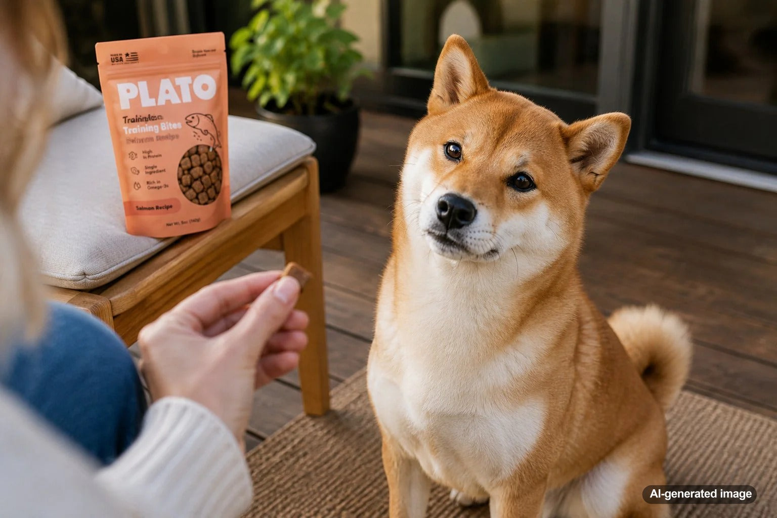 Shiba Inu learning with bite-size training treats from Plato Pet Treats