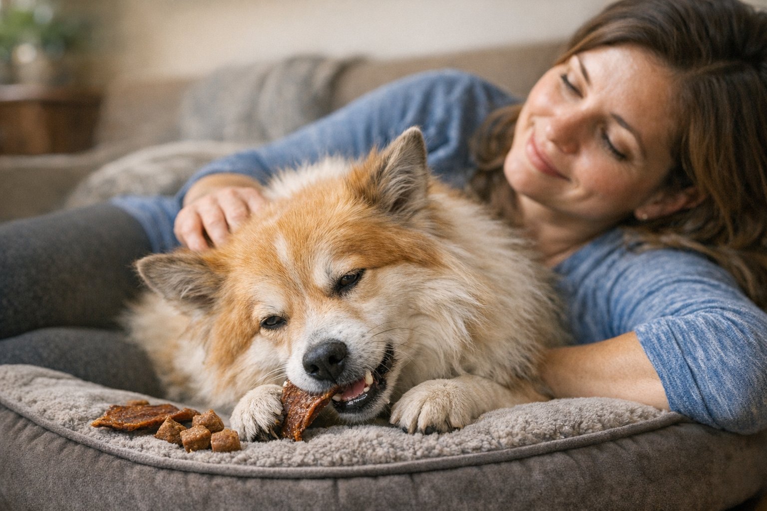 Dog travel treats packed for a trip with jerky and soft chews ready for airport travel