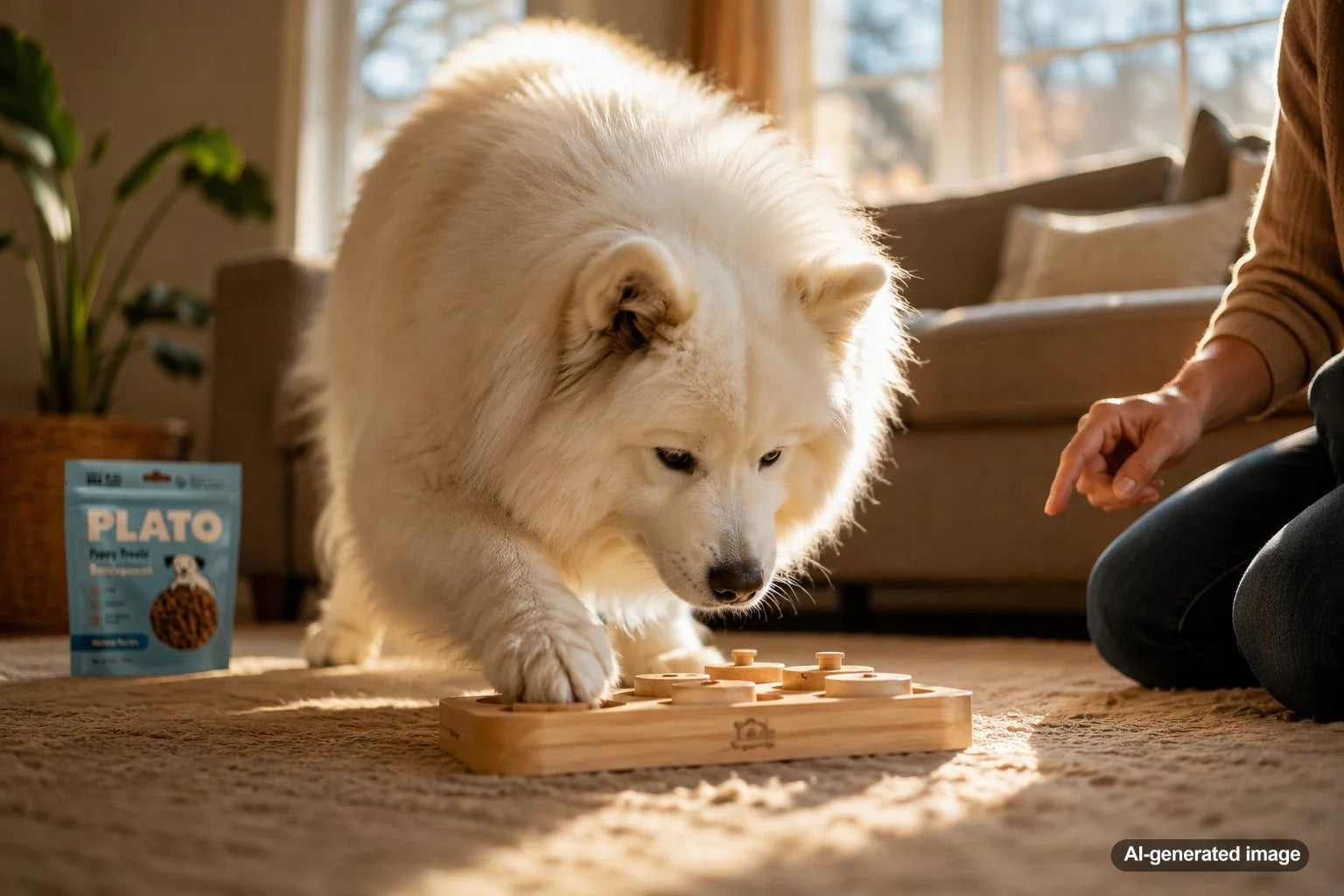 Samoyed enjoying treat-based enrichment indoors with Plato Pet Treats
