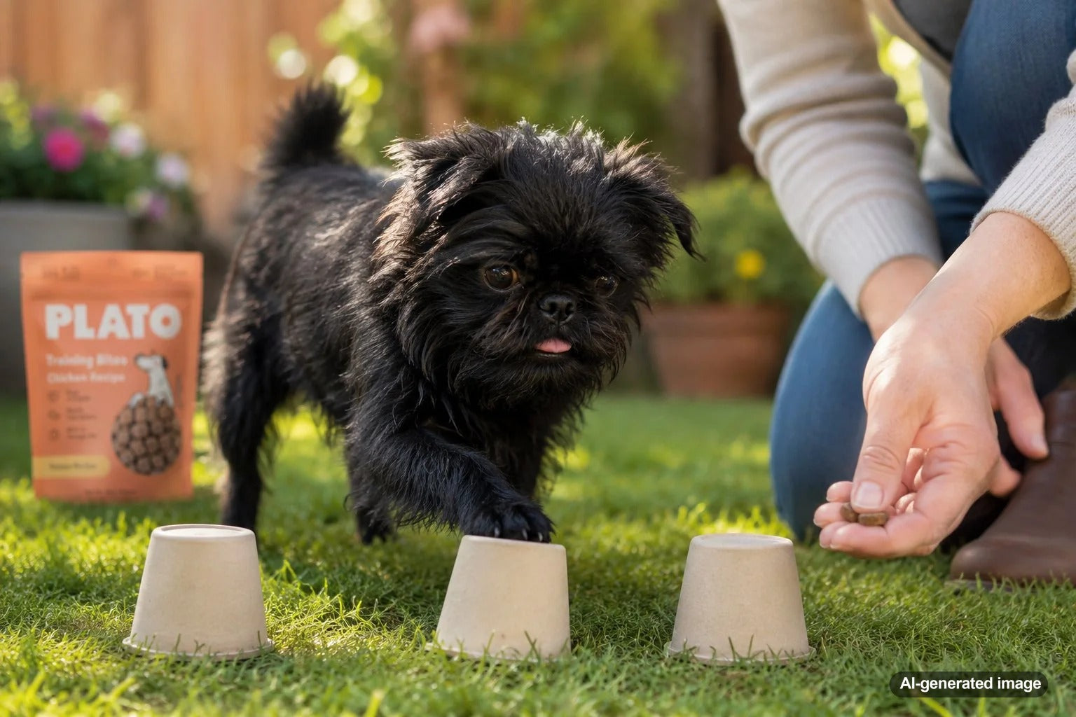 Playful Affenpinscher participating in a treat-based enrichment game at home
