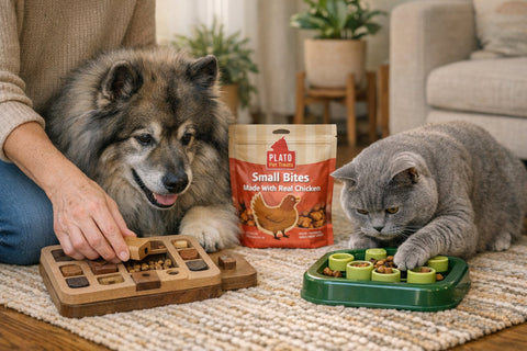 Senior dog enjoying treat-based mental enrichment games at home
