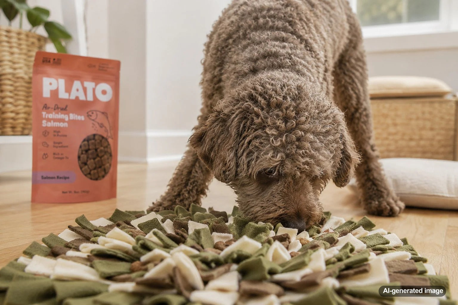Lagotto Romagnolo using scent work to find healthy dog treats during a nose work enrichment game