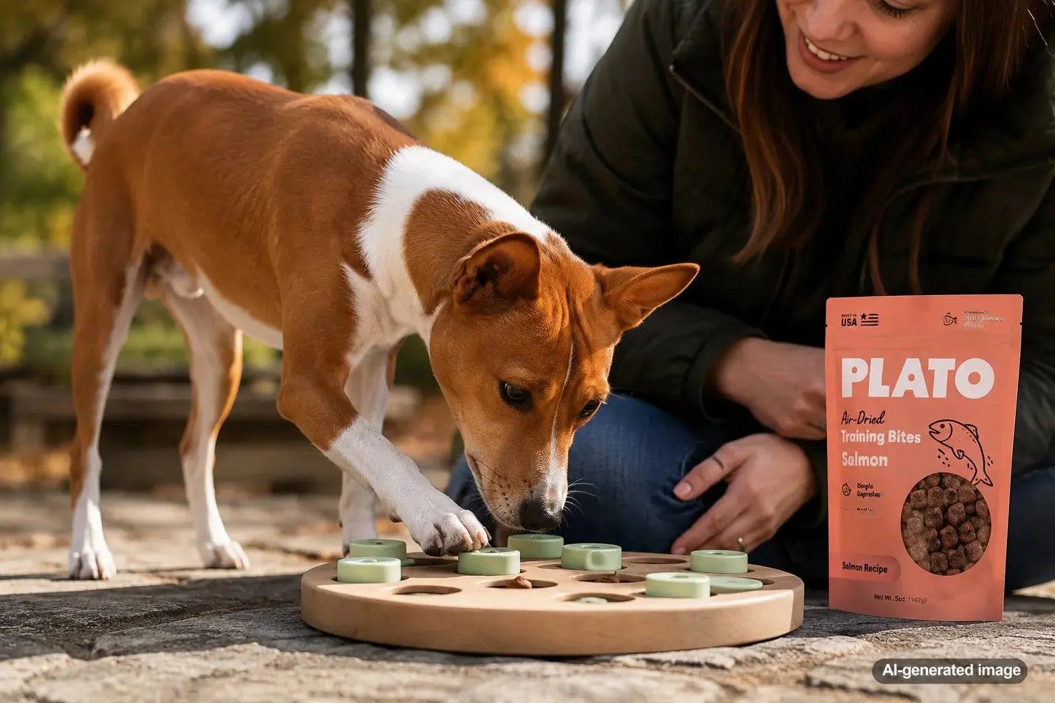 A clever Basenji playing a treat-based puzzle game with small Plato dog treats