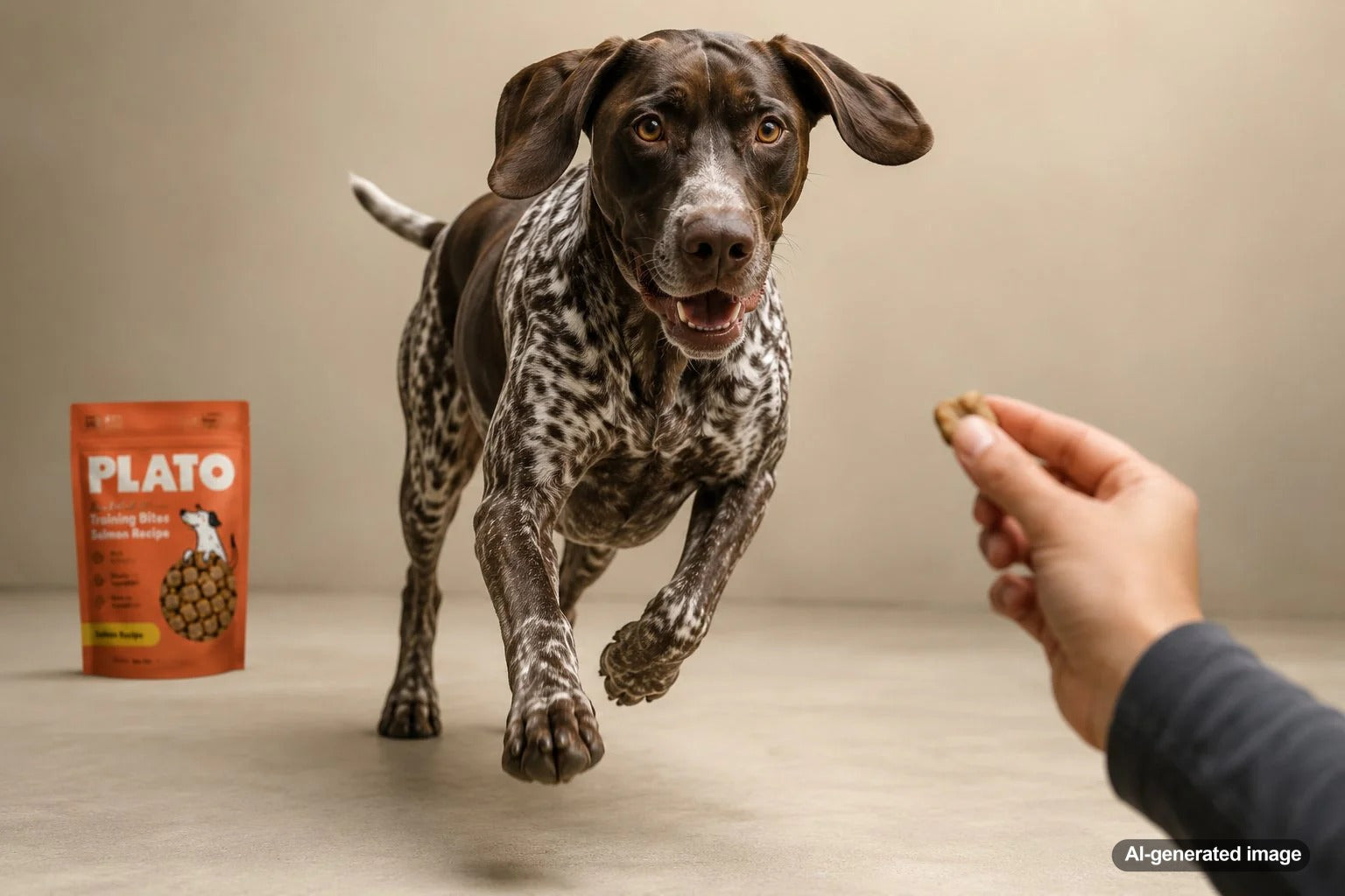 German Shorthaired Pointer practicing treat-based recall games outdoors with healthy training treats