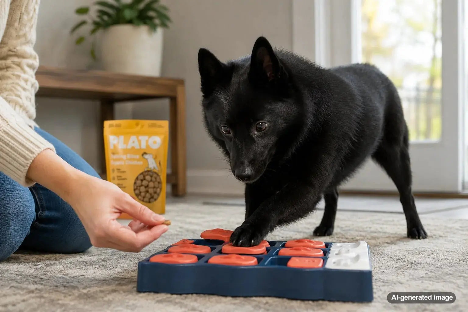 Schipperke doing treat-based training with bite-size dog treats for busy-brain enrichment