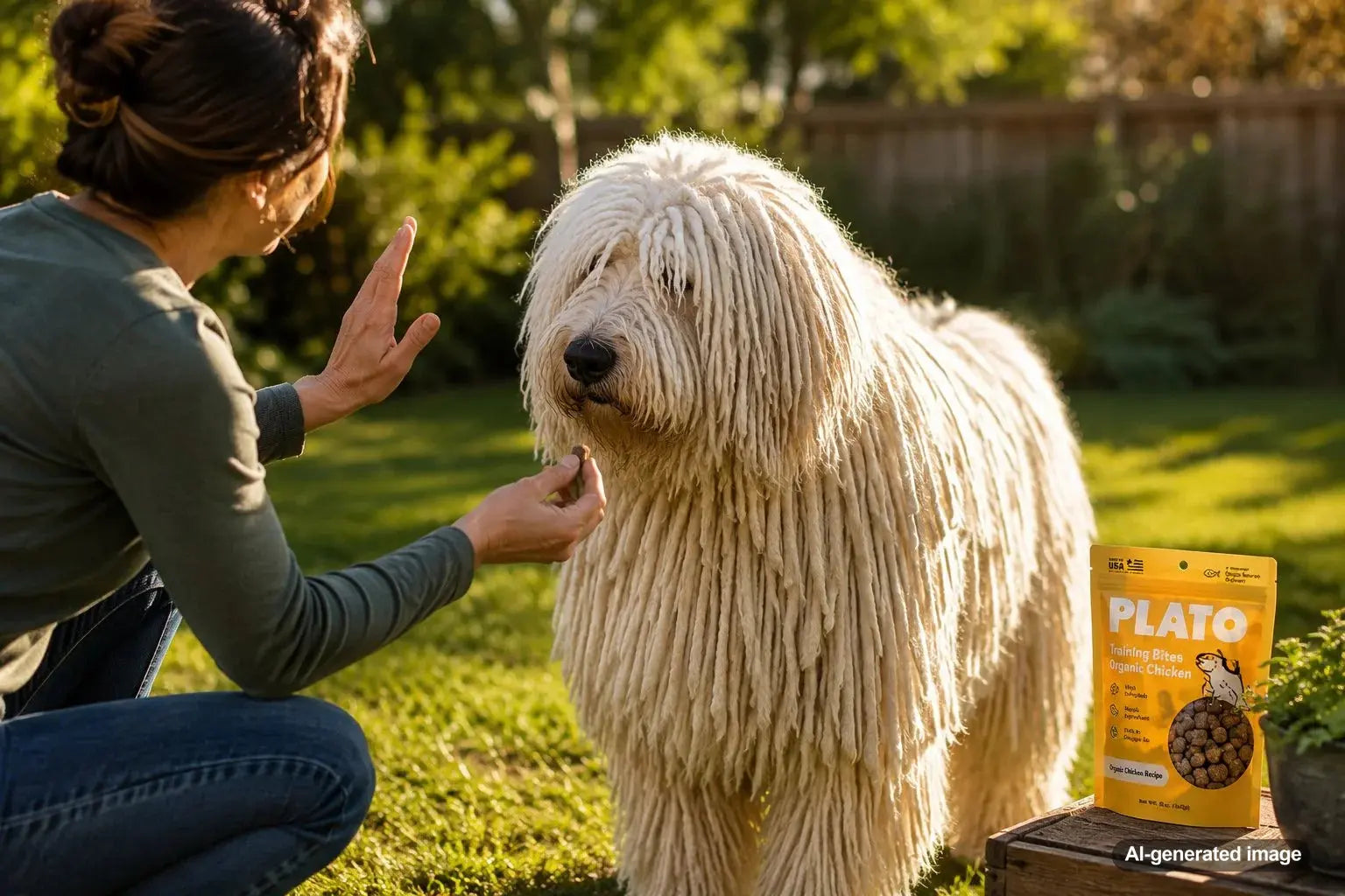 Komondor learning trust through treat-based training with Plato Pet Treats
