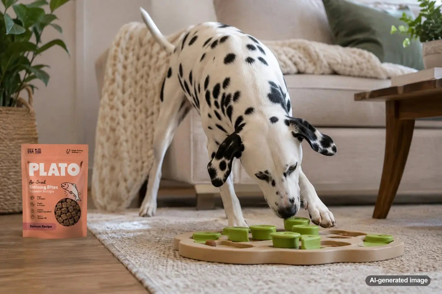 Dalmatian playing an active treat search game for movement and mental enrichment