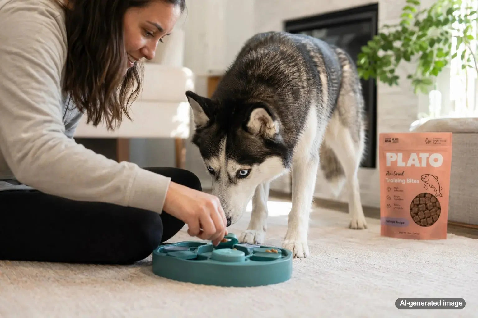 Husky playing a treat puzzle game for mental enrichment and brain work