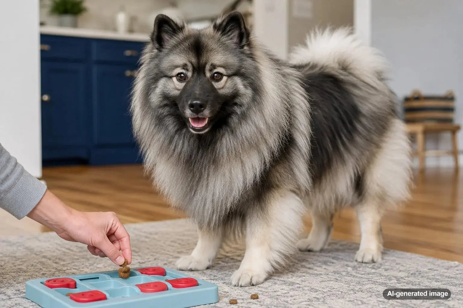 A fluffy Keeshond playing an interactive treat game with its owner at home