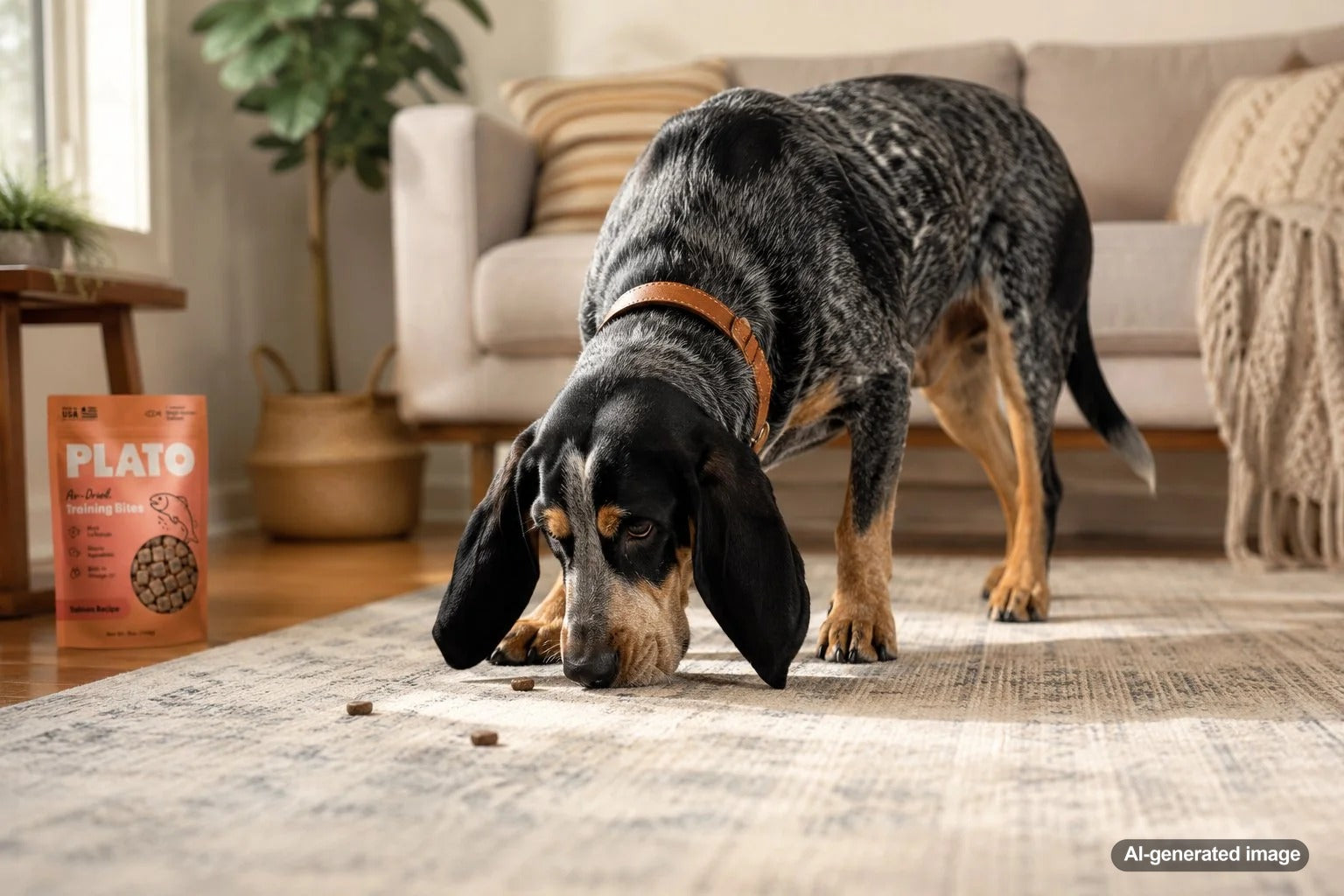 Scent hound using its nose to search for hidden dog treats during an enrichment game