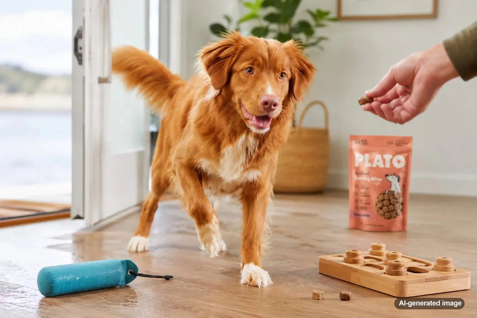 Nova Scotia Duck Tolling Retriever playing a treat-based fetch and water enrichment game