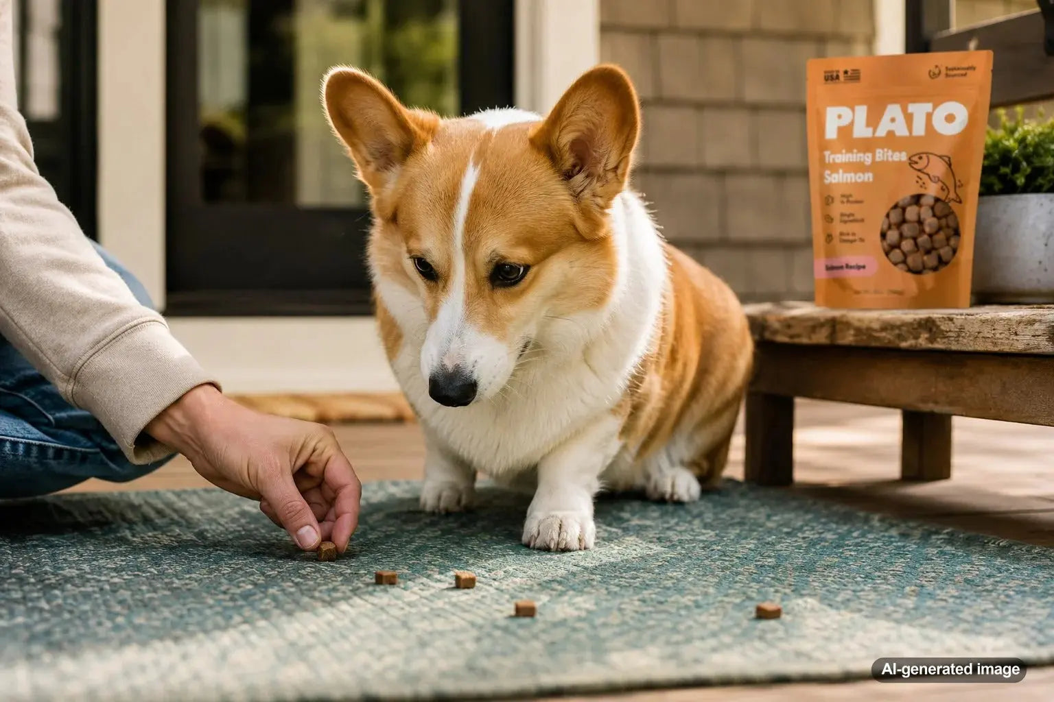 Pembroke Welsh Corgi playing a treat training game at home to redirect herding behavior