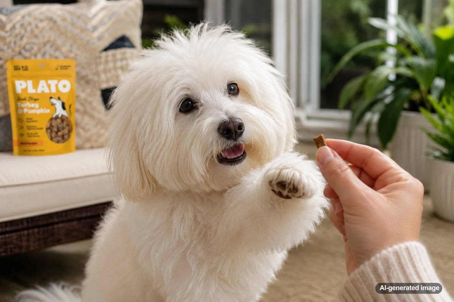 Playful Coton de Tulear enjoying an interactive treat game at home