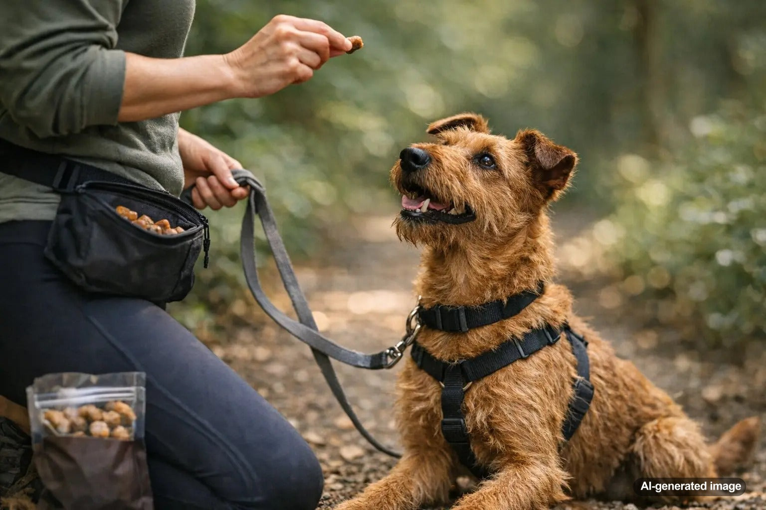 Dog practicing leash manners with small training treats during a neighborhood walk