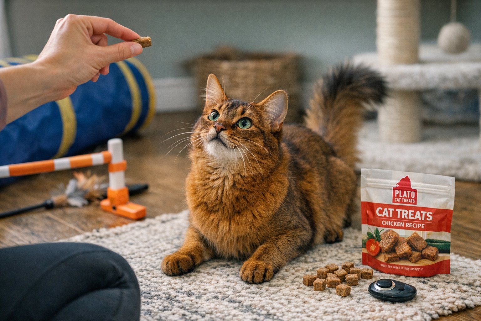 High-energy cat enjoying interactive play with healthy Plato Pet Treats