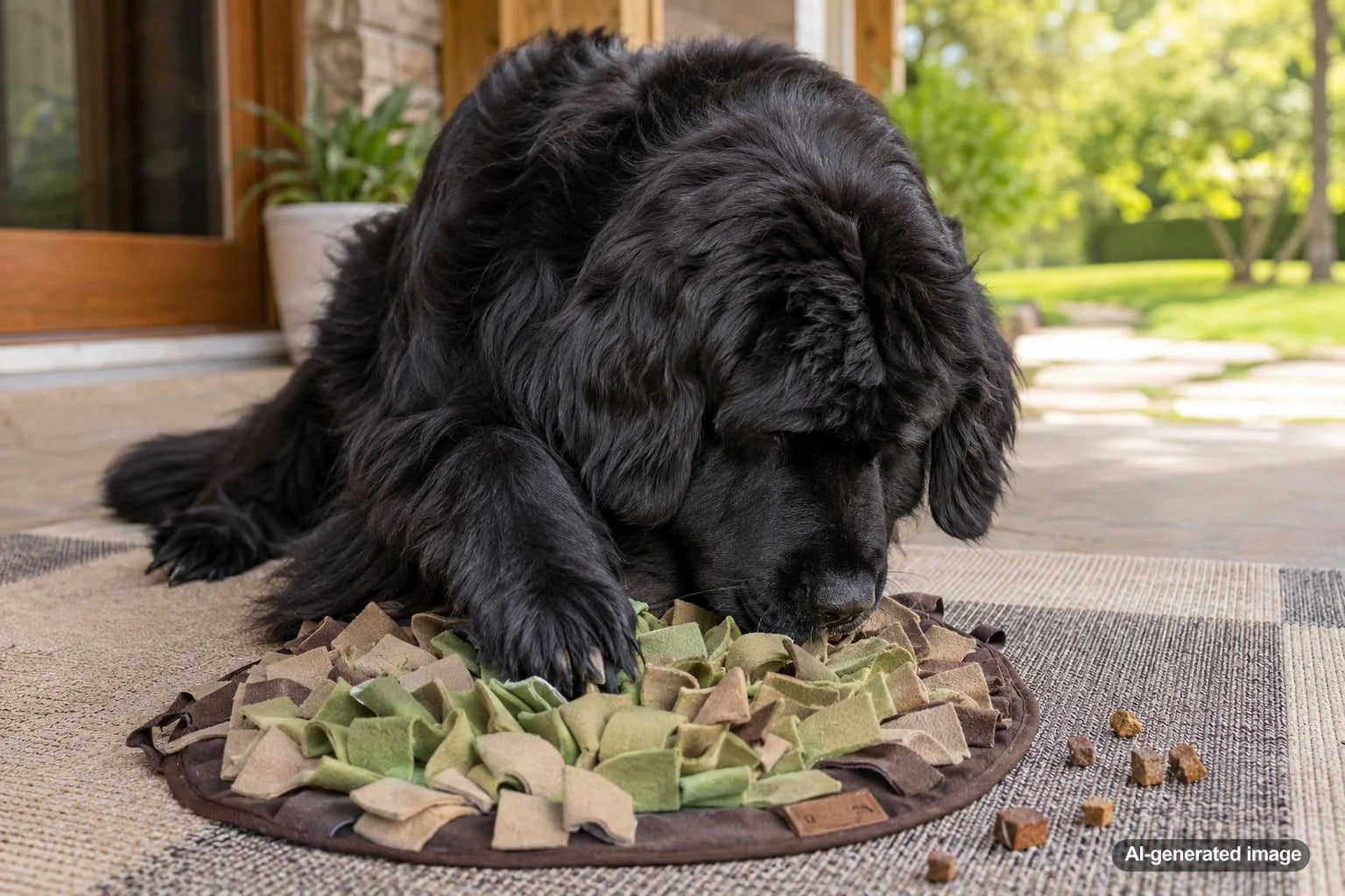 A gentle Newfoundland dog enjoying low-impact treat enrichment at home