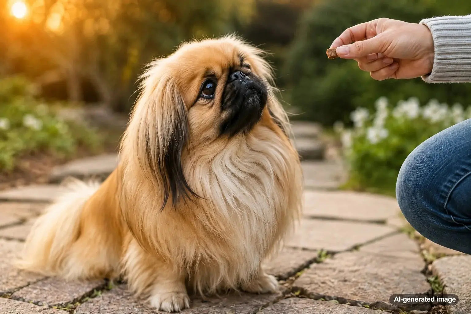 Pekingese dog enjoying slow and polite dog treat rewards