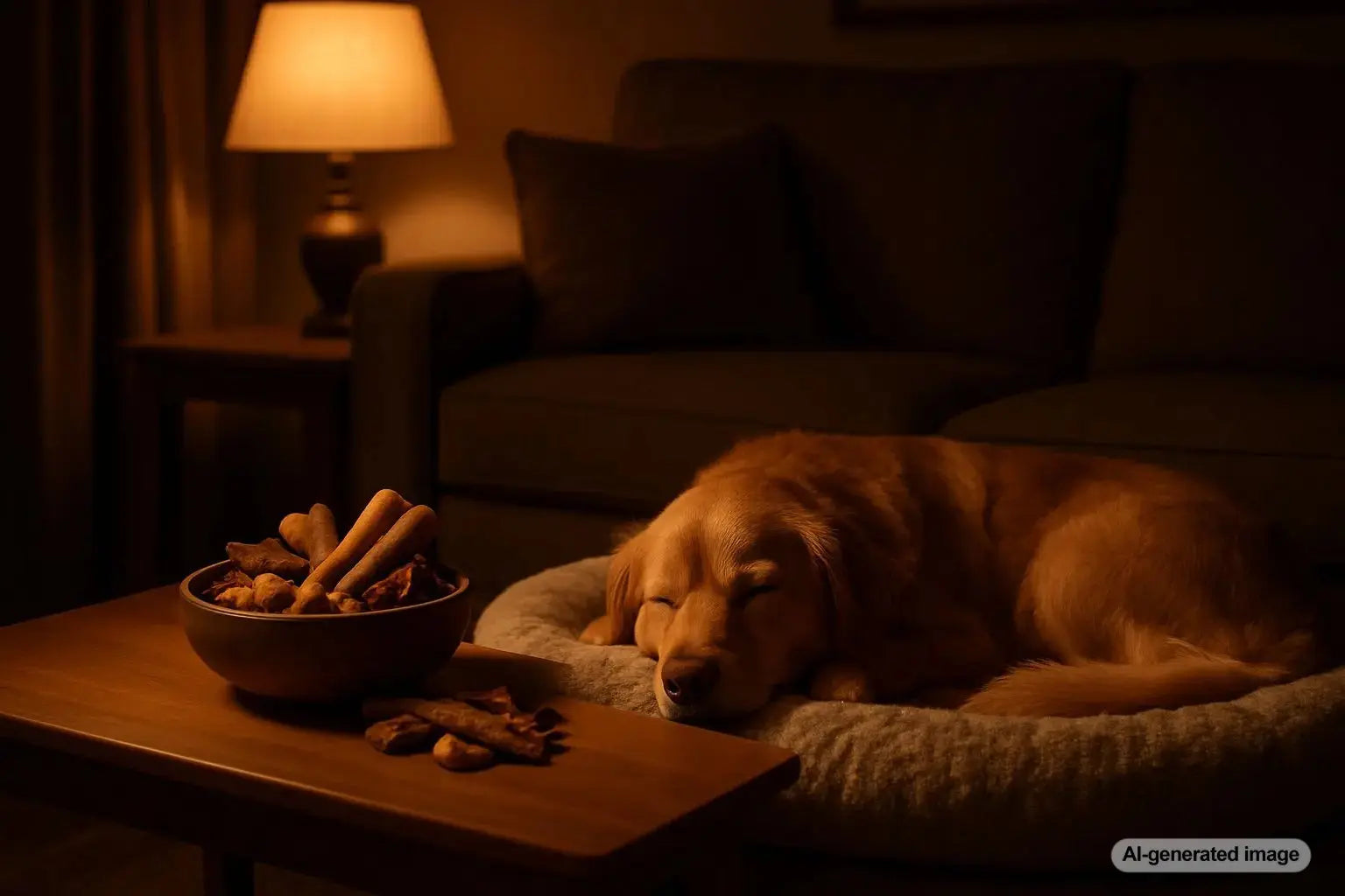 A dog enjoying a calming bedtime treat from Plato Pet Treats