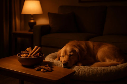 A dog enjoying a calming bedtime treat from Plato Pet Treats