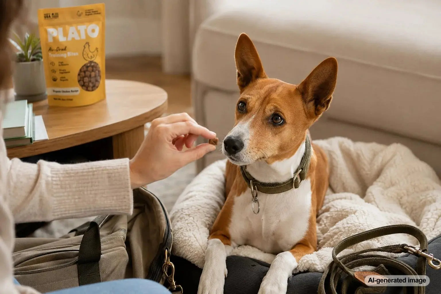 Dog receiving a small treat while calmly practicing for a comfortable car trip