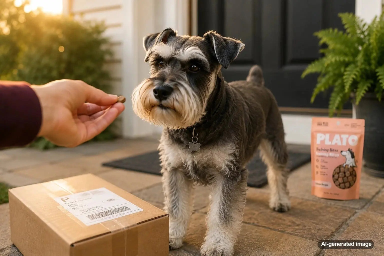 Miniature Schnauzer receiving a small training treat while calmly watching a delivery at the front door