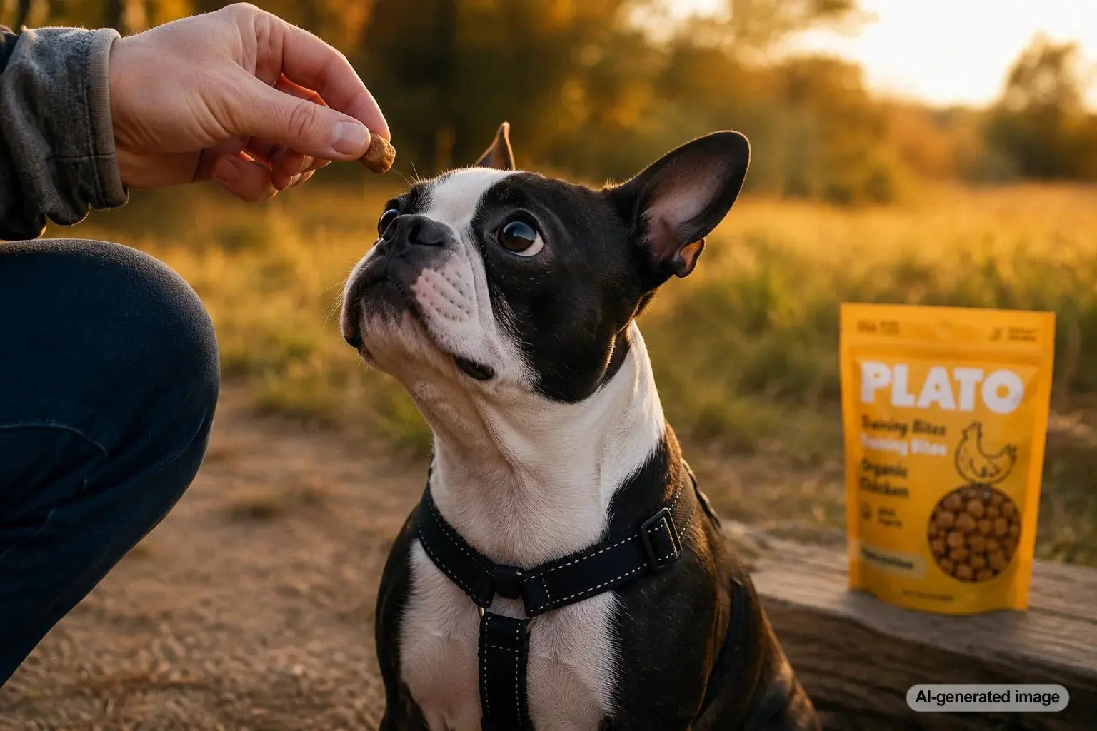 Boston Terrier receiving a small gentle training reward during a positive reinforcement session