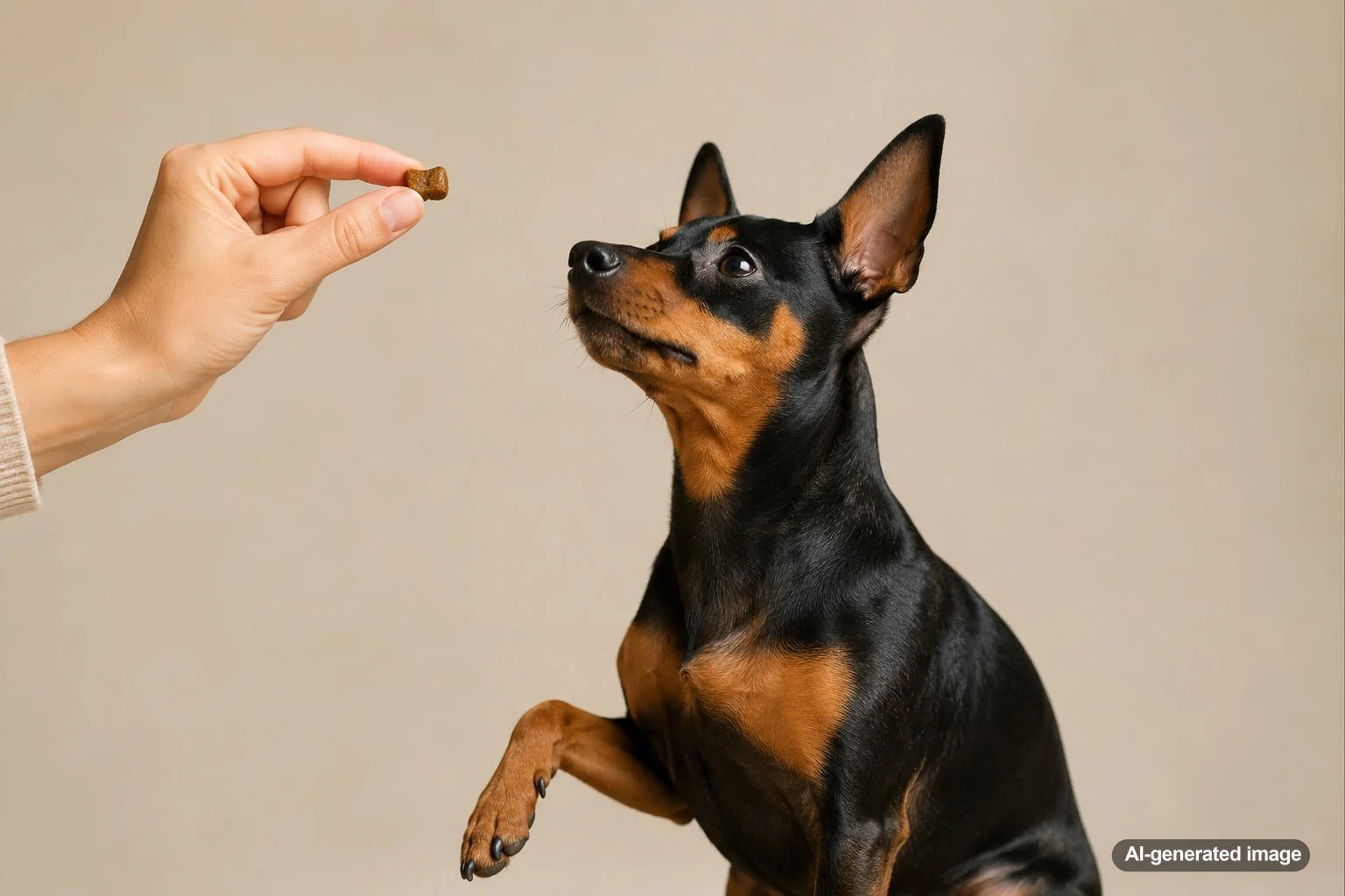 Miniature Pinscher sitting confidently with healthy Plato dog treats for small dog training
