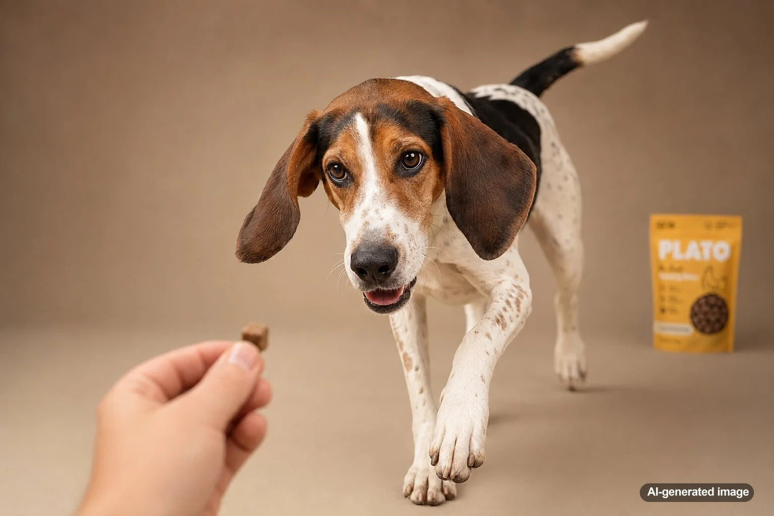 Treeing Walker Coonhound returning to its owner during outdoor recall practice with training treats