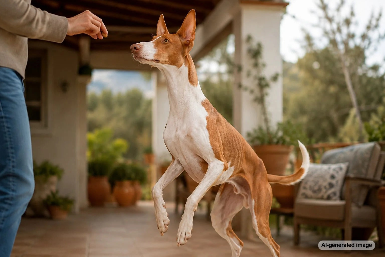 Ibizan Hound practicing attentive treat training with its owner