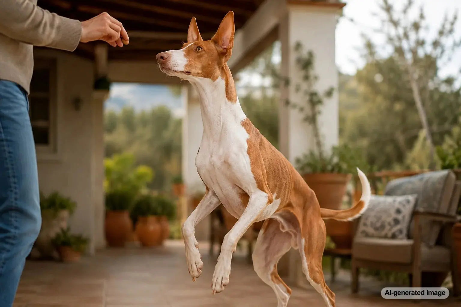 Ibizan Hound practicing attentive treat training with its owner
