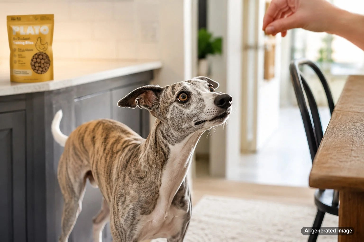Whippet practicing focused treat training with bite-size rewards