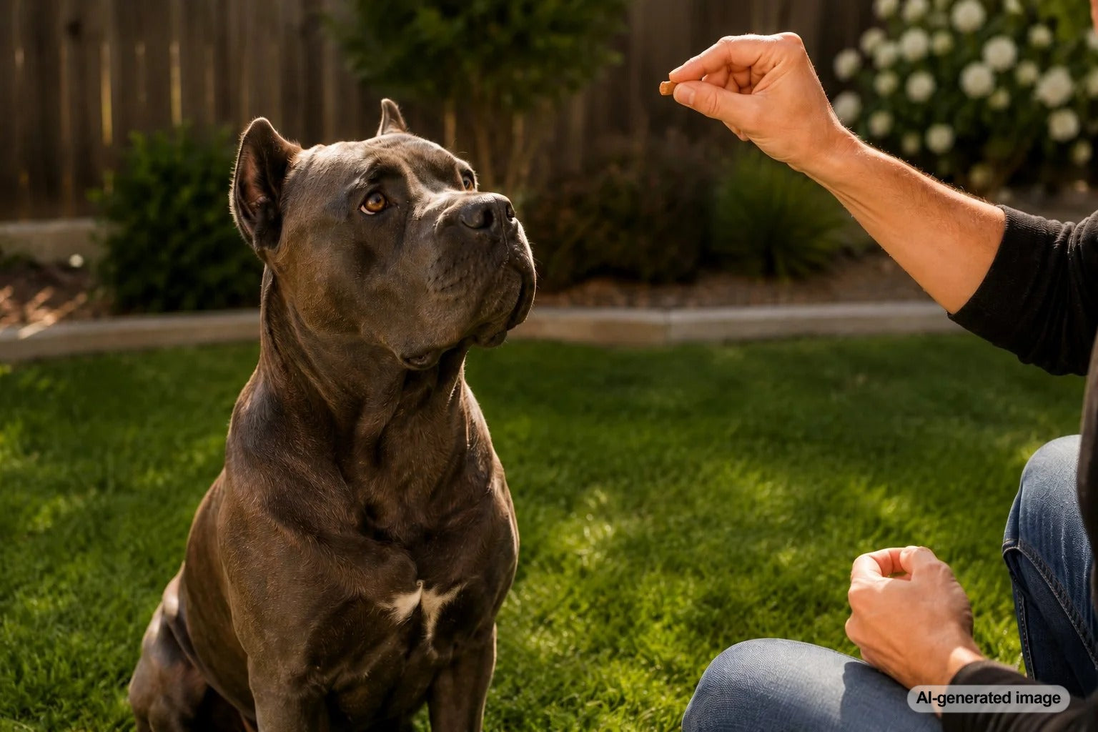 Cane Corso practicing calm, reward-based training with bite-size dog treats