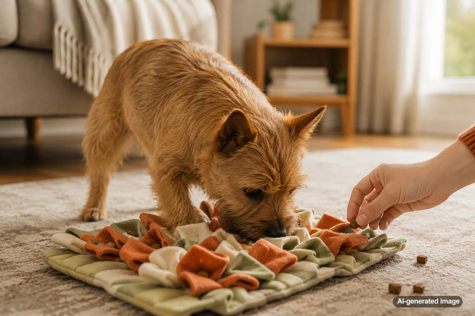 Norwich Terrier enjoying treat training games for digging and discovery enrichment