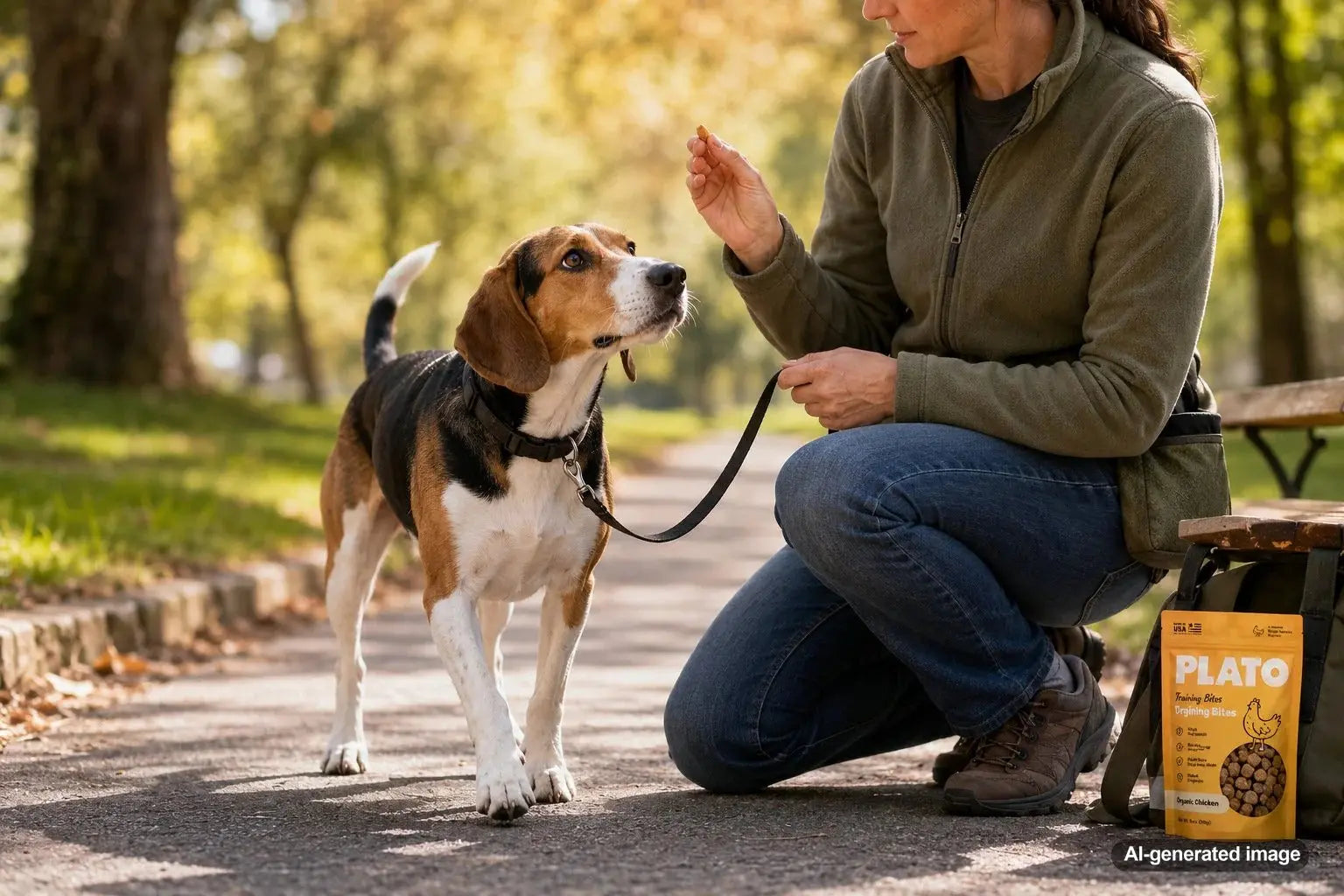 Harrier dog practicing movement-based manners with Plato training treats