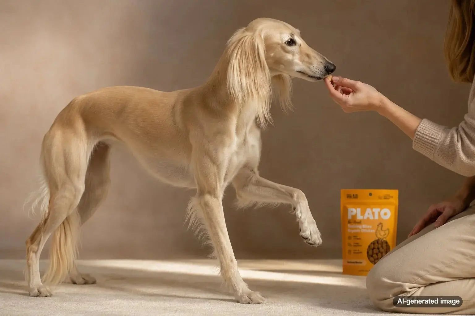 A graceful Saluki practicing calm treat training with Plato Pet Treats