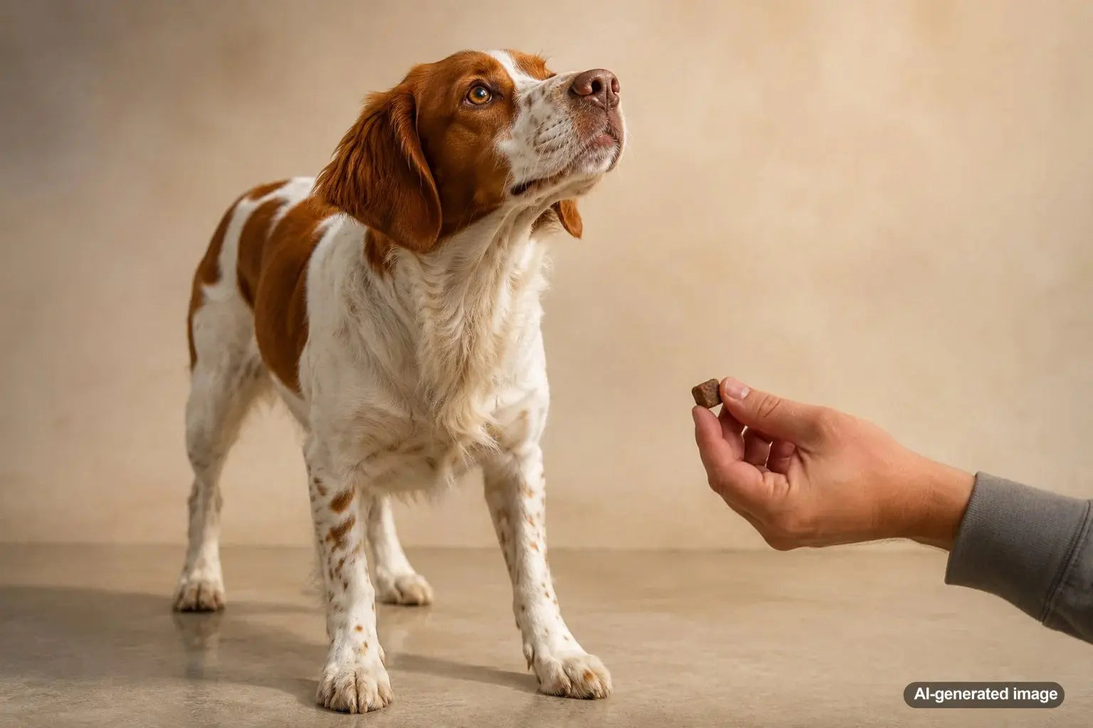 Brittany dog focused outdoors following bird scent during training with treats