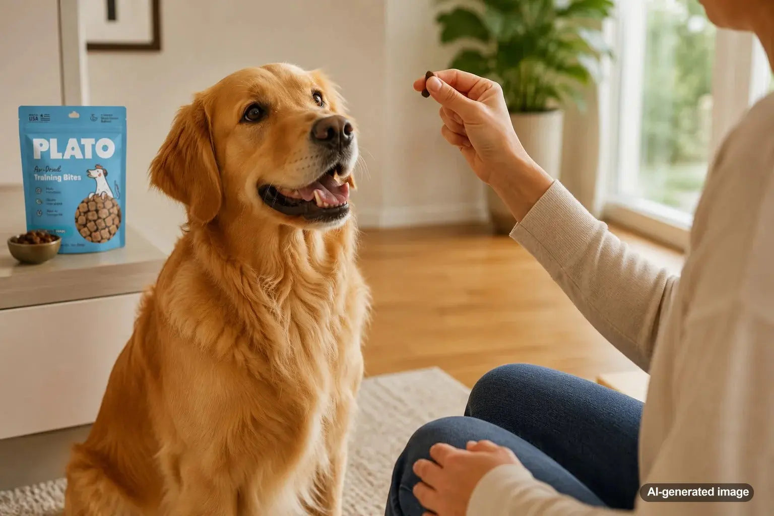 Golden Retriever practicing focused treat training around exciting people and distractions