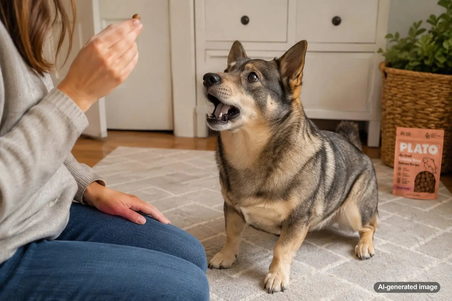 Swedish Vallhund practicing quiet behavior with bite-size training treats