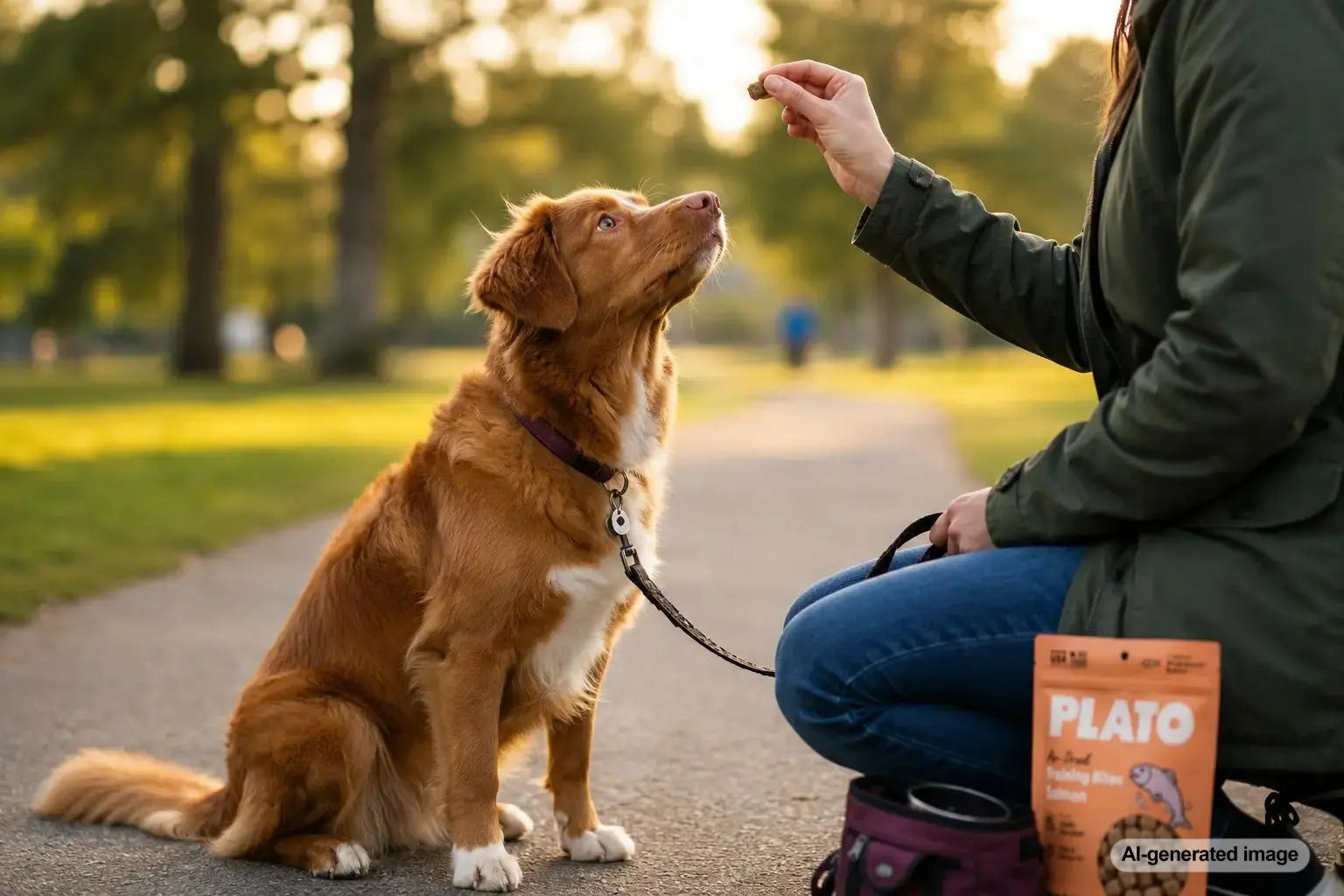 Dog practicing outdoor training in a park with Plato Pet Treats training bites