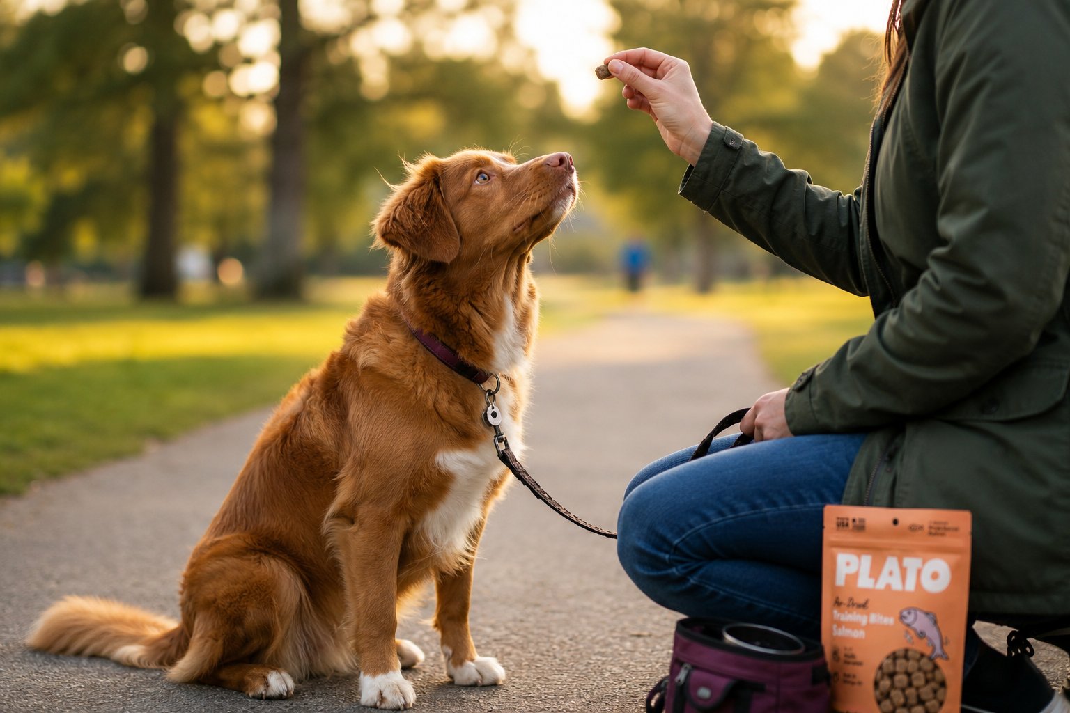 Dog practicing outdoor training in a park with Plato Pet Treats training bites