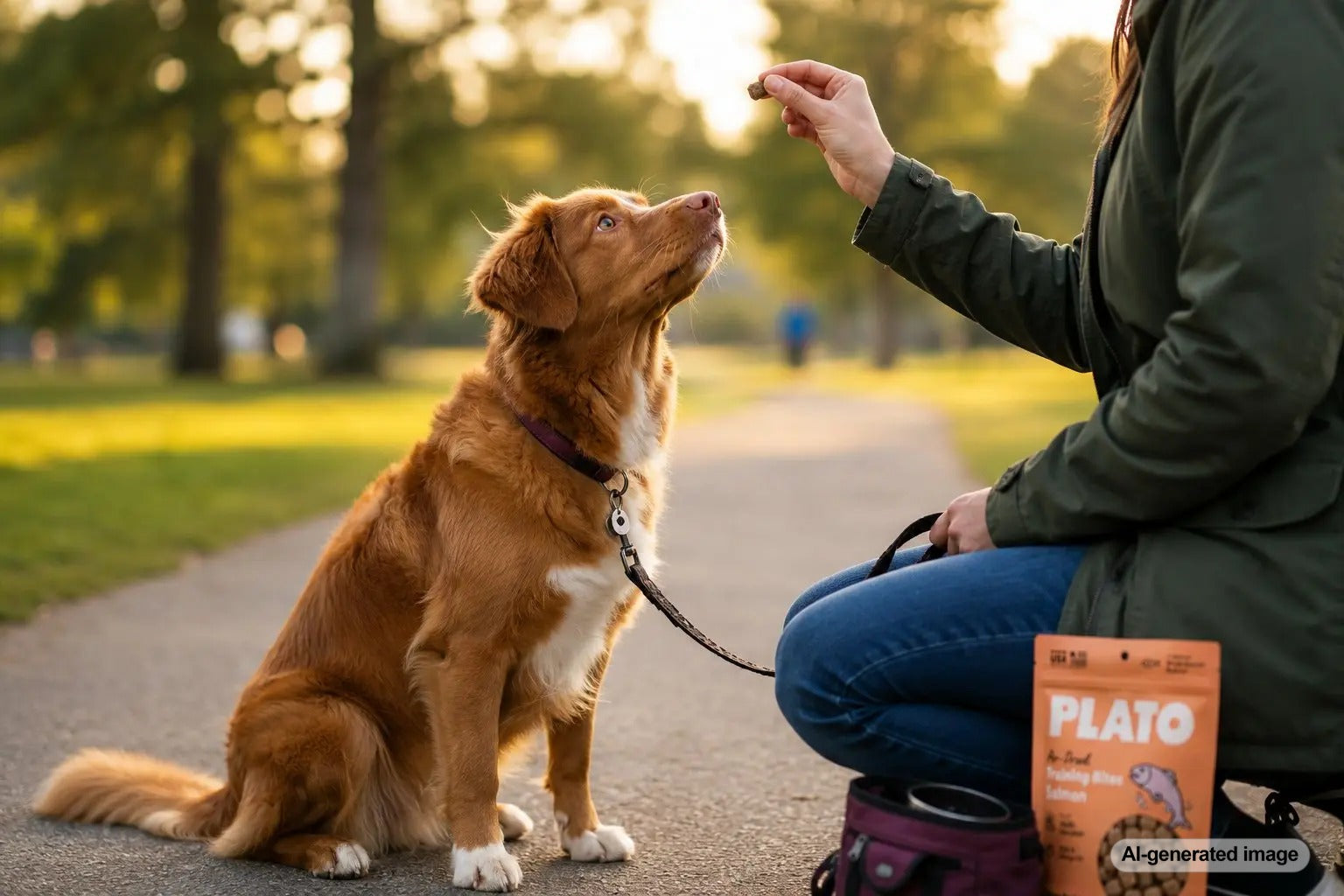 Dog practicing outdoor training in a park with Plato Pet Treats training bites