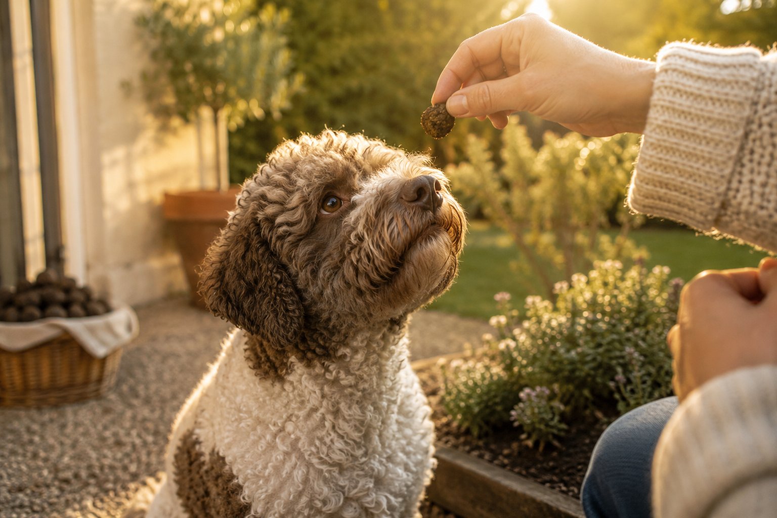 Lagotto Romagnolo enjoying nose work at home with curly coat care tips
