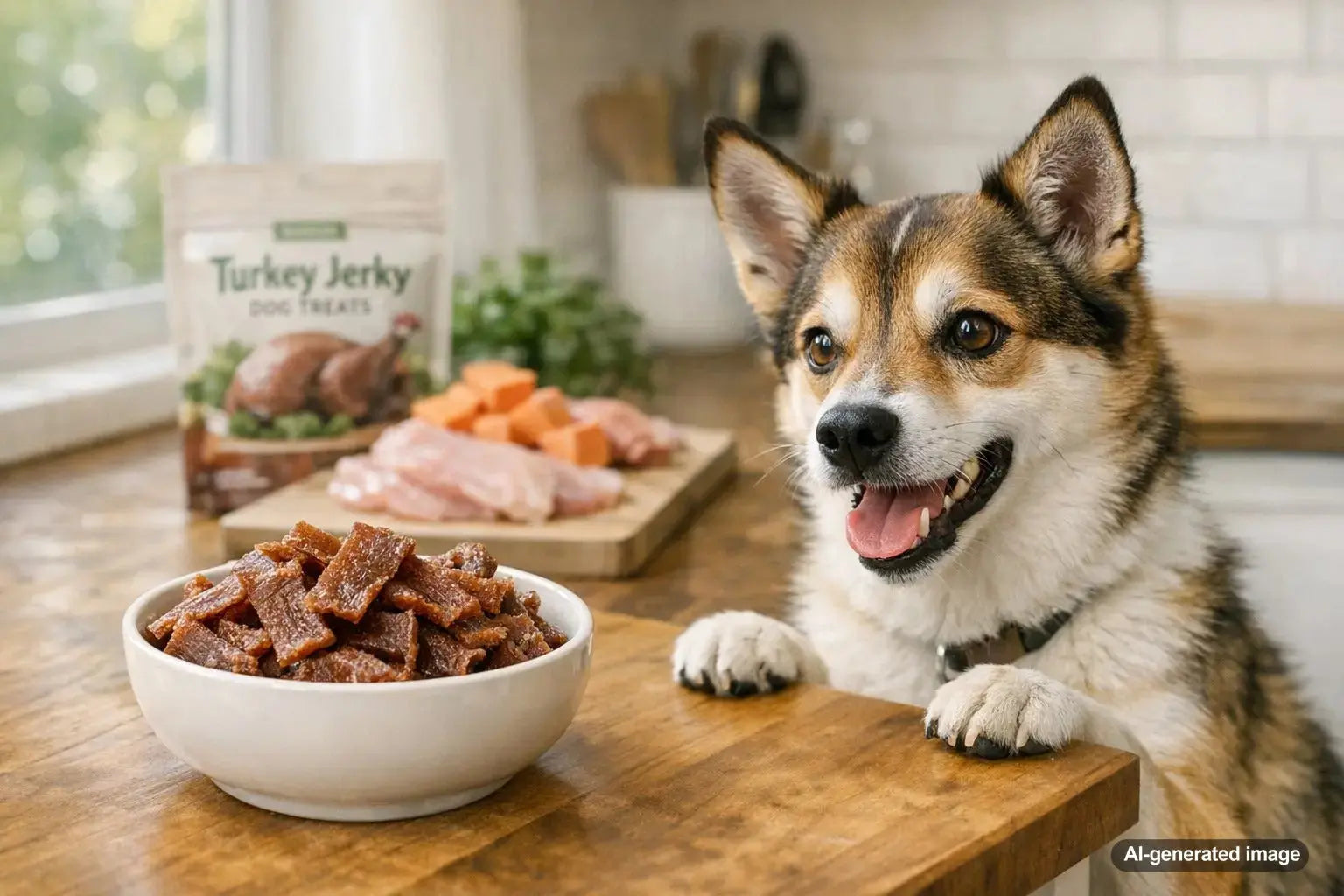 Happy dog beside a bowl of turkey jerky treats with Plato Pet Treats turkey jerky bag in the background